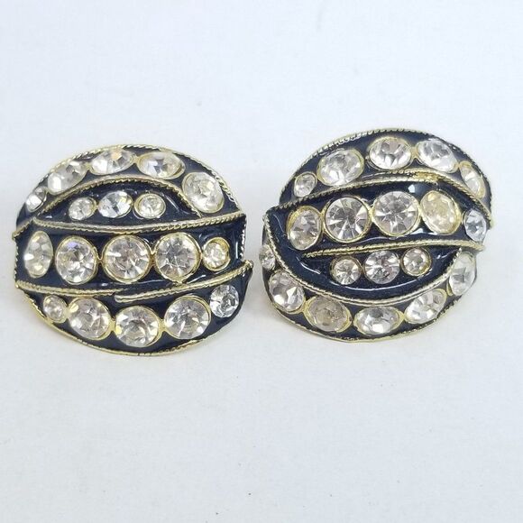 Vintage Retro Rhinestone Clip On Earrings, Black and Gold Tone Setting, Estate - Picture 2 of 5